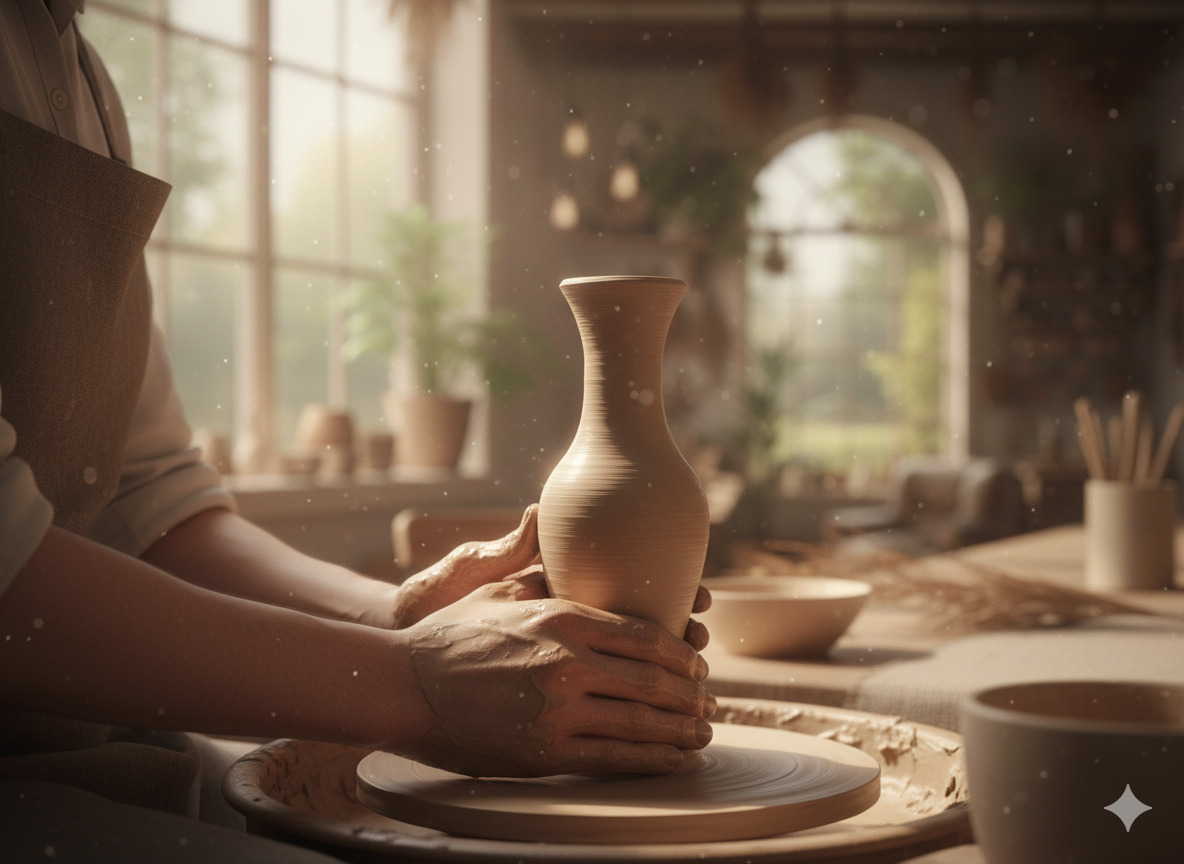 Hands shaping clay on a pottery wheel